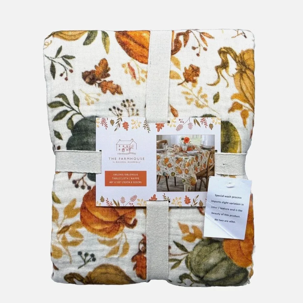 Rachel Ashwell Farmhouse Pumpkin Fall Leaves Tablecloth 60x120 Gauzy Cotton